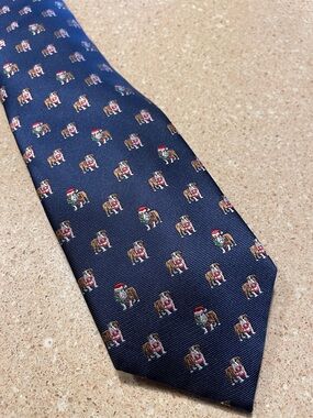 St. Nicholas Square Navy Tie with Festive Bulldog Motif